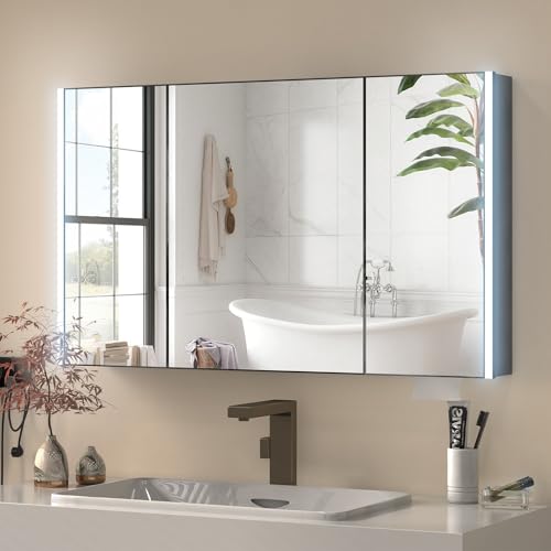 Dradaomull Spiegelschrank Bad mit Beleuchtung, 100x70x13cm Badezimmer Spiegelschrank, Badspiegel mit Led-Beleuchtung, Badezimmerschrank mit 3 TüRen, Dimmbar, PapierausgabeöFfnung