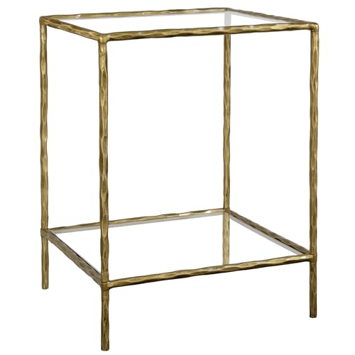 BEGINS Hand Forged Side Table 2 Tier, Vintage End Table Glass Top Coffee Table, Accent Table with Solid Hammered Frame, Suitable for Living Room, Bedroom, Study Room, Entryway (Gold, Square)
