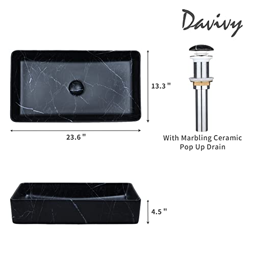 Davivy 23.6'' X 13.3'' Nordic Marbling Matte Black Rectangle Vessel Sink With Pop Up Drain,Bathroom Vessel Sinks,Bathroom Sinks Above Counter,Counter Top Sink,Black Ceramic Vessel Sink For Bathrooms #TOP1