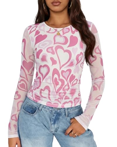 Image of MOUSYA Sheer Tops for Women Mesh Long Sleeve Top See Through Sexy Going Out Tee Summer Crewneck Party Undershirt