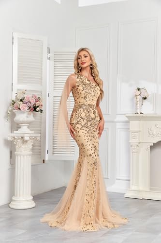 Image of One Shoulder Glitter Mermaid Dress for Mother of The Bride Women's Sexy Sequin Formal Gown