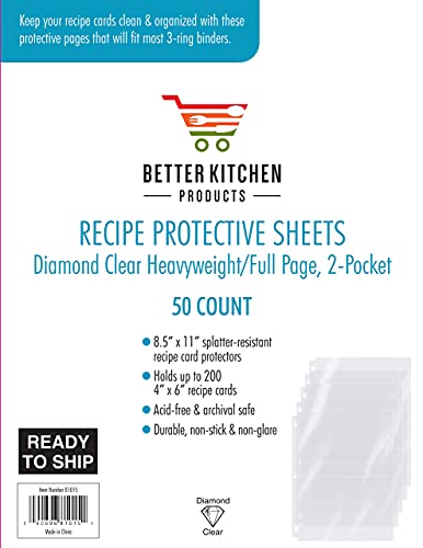 Recipe Card Protective Sheets For 4" X 6" Cards, Letter Size 8.5" X 11" 2-Up Sheets, 50 Pack, Heavyweight, Diamond Clear, Fits Standard 3 Ring Binder, By Better Kitchen Products, Holds 200 Total Cards #TOP5