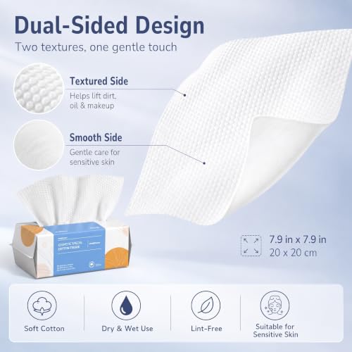 Image of PoeticEHome Soft Dry Wipe 6 Pack, 100% Cotton Face Tissues, Lint Free Facial Cleansing Towels Disposable, Extra Thick Dry and Wet Use for Sensitive Skin, Makeup Removing, Surface Cleaning (600 Count)