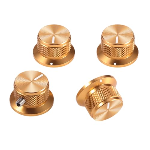 SALYMECONY 4pcs Aluminium Potentiometer Knobs Universal Top Hat Knobs Bell Control Knob with Set Screw for Guitar/Bass/AMPS/Preamps Black with Indicator (Gold)