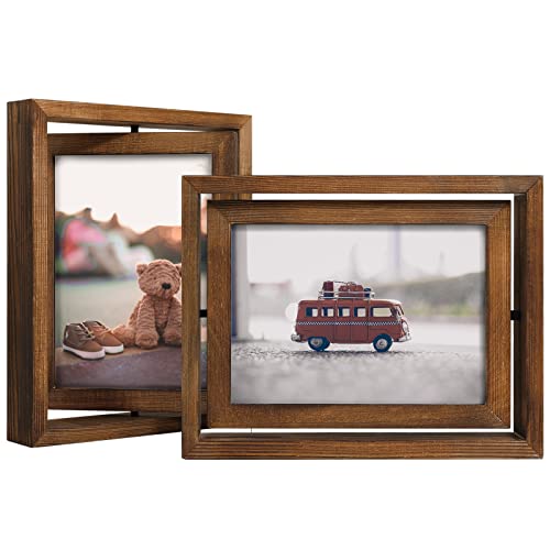 Egofine 2 Pack 5x7 Rotating Floating Picture Frames Double-Sided Display with HD Glass Front Wooden Distressed Frame for Vertical or Horizontal Tabletop Display Carbonization