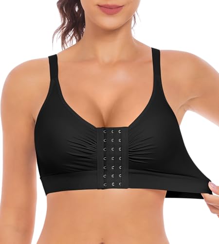EUYZOU Post Surgery Compression Bras for Women Front Closure Mastectomy Surgical Bras Wireless with Adjustable Straps, Black L