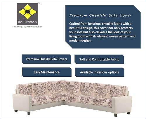 Image of Premium Chenille Woven Anti-Slip 6 Seater L-Shape Sofa Cover | L-Shape Sofa Seat Protector for Living Room | Durable & Stylish Slipcover - Beige Phoolkari