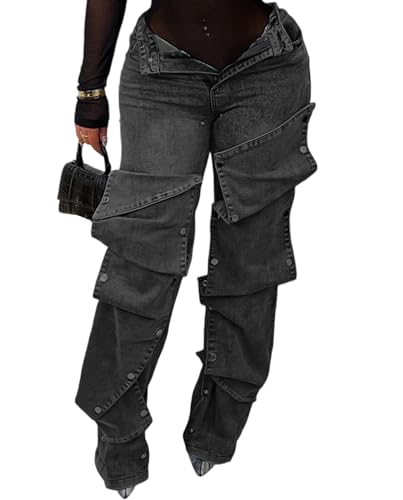Voghtic Stacked Jeans for Women y2k Detachable Cargo Jeans Butt Lifting Wide Leg Denim Pants Streetwear Grey Black
