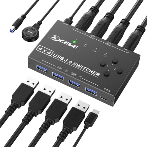 USB 3.0 Switch 4 PC, 4 In 4 Out USB Switch Selector für 4 Computer Share vier USB3.0 Geräte, Maus, Tastatur, Scanner, Drucker, PC Kompatibel mit Mac/Windows/Linux, mit Wired Remote und 4 USB3.0 Kabeln