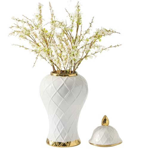 Ginger Jars for Home Decor, White and Gold Vase, Decorative Ceramic Ginger jar with lid, Porcelain Flower Vase for Centerpieces Jarrones, Storage jar, Table Center Vase, Temple Jar(18in)