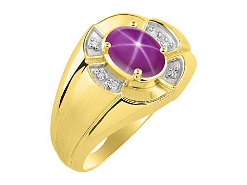 Image of Rylos Yellow Gold Plated Silver Men's & or Ladies Ring with 8X6MM Oval Gemstone & Diamonds - Unisex Color Stone Birthstone Ring Sizes 7-13