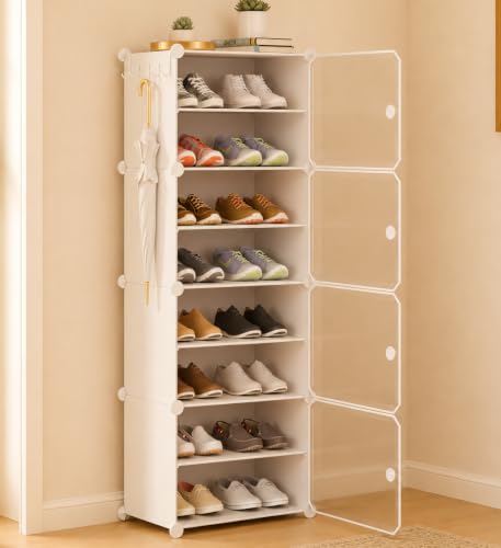 Image of Sunderlook Shoe Rack Plastic for Home- Shoe Stand, Chappal Stand, Professional Multipurpose Foldable Standing Comfort Runner Shoe Rack with Door, Slipper Stand (Off White, 7 Shelf 4 Door)