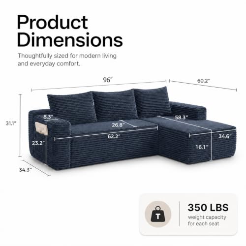 Image of 96 inch Boneless Couch, Modular L-Shaped Cloud Sectional Sofa, Blue