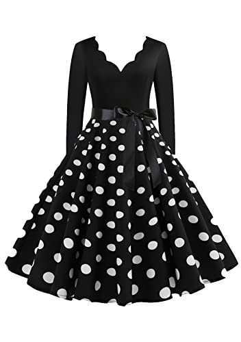 Yming Frauen Audrey Hepburn Vintage Midikleid Festival Swingkleider Langarm Rockabilly Kleider Schwarz XXL