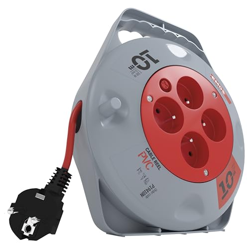 EMOS - Mini enrouleur de câble 10m - 4 prises French - 230 V, 10 A, 2300 W - isolation PVC de haute qualité - H05VV-F3G 1,0 mm2 - avec interrupteur thermique - IP20 pour l'intérieur