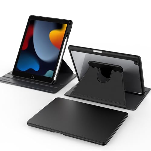 CACOE Funda para iPad 9a Generación 8a / 7a Generación, Funda Giratoria (10,2 Pulgadas 2021/2020/2019) con Soporte para Pencil, Carcasa Trasera con Rotación de 360 Grados Soporte Cover, Negro