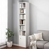 Picture of IOTXY Small Narrow Corner Bookcase - 71 Inches Tall Gap Freestanding Storage Cabinet, 7 Lattices Open Shelves Tower Rack with Door, Cubes Bookshelf in White