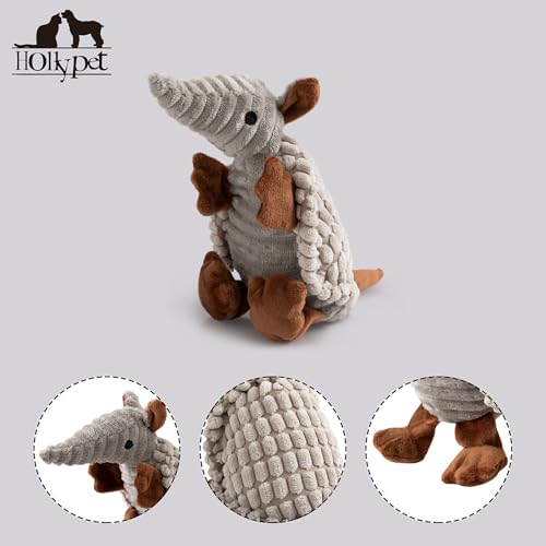 Image of Hollypet Plush Dog Squeaky Toy Stuffed Armadillo Animal Pet Puppy Chew Toys with Clean Teeth for Small Medium Large All Breed Sizes Dogs, Light Gray, 8 in