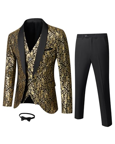 YND Men's 3 Piece Slim Fit Suit Set, One Button Shawl Lapel Floral Pattern Party Blazer, Jacket Pants with Bow Tie