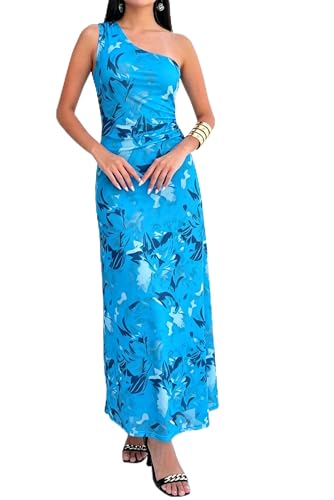Image of One Shoulder Dress for Women 2026 Summer Print Sleeveless Cut Out Ruched Party Bodycon Maxi Dresses