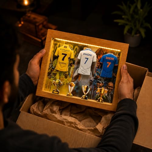 Image of 7 Cricket Jersey Shadow Box Frame with LED Light | CSK Cricket Fan Gift | Sports Display Box for Gaming Room & Bedroom Decor | Cricket Gifts for Men (MS Dhoni)