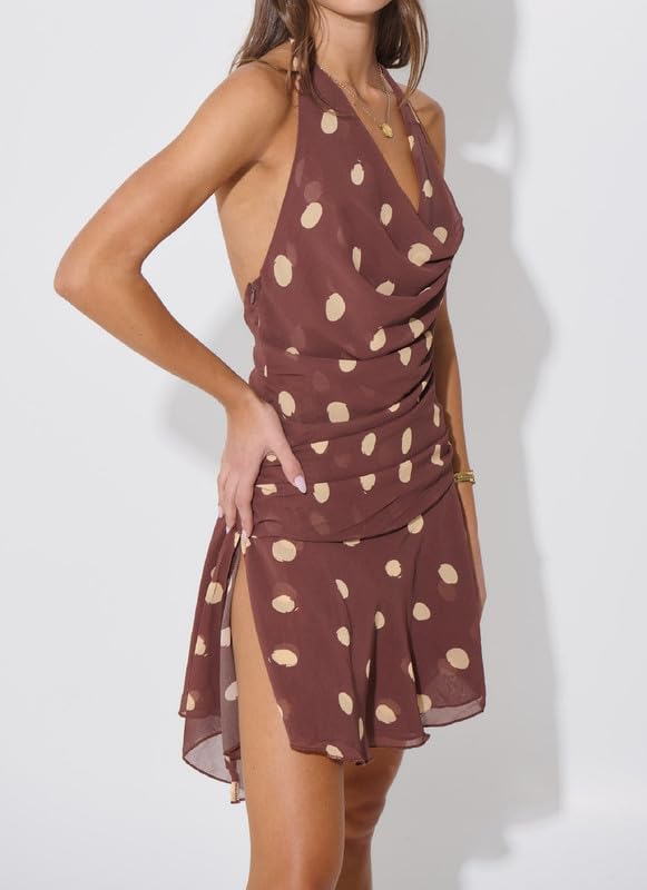 Image of Women Halter Low Neck Mini Dress Sexy Cutout Sleeveless Boho Short Dresses Open Back Night Party Going Out Sundress