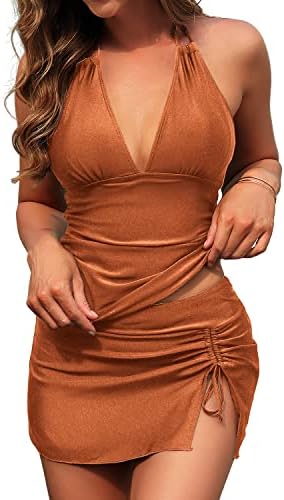SuperPrity Women Tankini Swimsuits Halter V Neck Open Back Bathing Suits with Drawstring Skirt Lace Up Tankini Sets-M,Coffee