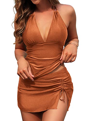 Superprity Women Tankini Swimsuits Halter V Neck Open Back Bathing Suits With Drawstring Skirt Lace Up Tankini Sets-M,Coffee #TOP19