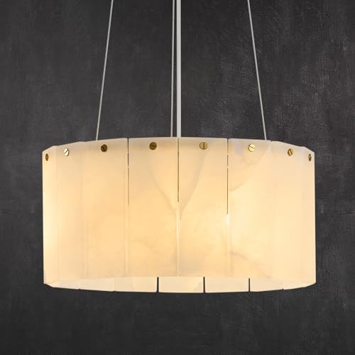 Modern Luxury Round Alabaster Chandelier: 11.8" Contemporary Natural Spanish Marble Stone Gold Chandeliers - White Small Drum Pendant Light for High Ceiling Foyer Entryway Bedroom Dining Roo