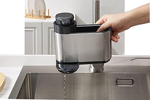 Bingobang Kitchen Sink Caddy with 230ML Soap Dispenser Pump Stainless Steel,Bathroom Washing Up Liquid Bottle Dispenser Tidy,Storage for Scrubbers, Sponges, Brushes,Sliver & Black