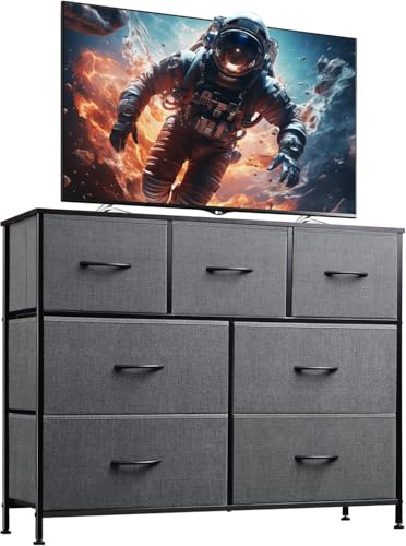 WLIVE Kommode mit Schubladen aus Stoff, Kommodenschrank für Schlafzimmer, Kommode Wohnzimmer, mit Stabiler Stahlrahmen (Dunkelgrau, 7 Schubladen)