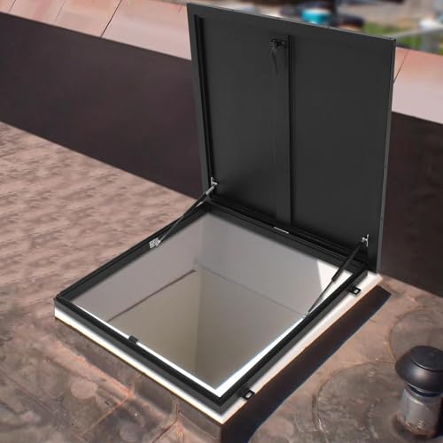 屋上ハッチカバープレート防雨、ガスショックストラットとハンドル付き金属製屋根裏階段出口蓋、商業ビル 設置 屋上アクセス出口蓋、屋根裏通気口キャップ、マンホール/地下室出口カバー(75x75cm/29.5x29.5in)