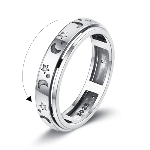 Bague anti-stress en argent 925 avec anneau rotatif lune et étoile taille 7