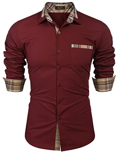 Jinidu Men's Casual Cotton Dress Shirt Plaid Collar Long Sleeve Button Down Shirt(Wine Red,Large #TOP20