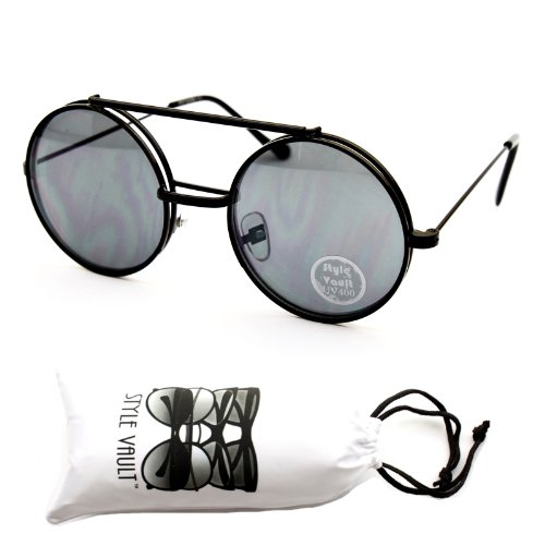 V137-vp Flip up Round Metal Sunglasses (Sdd Black-Dark Lens)
