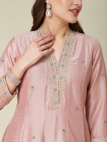 Image of MOKOSH Women's Silk Embroidery Anarkali Kurta Pant with Dupatta | Anarkali Kurta Set |Embroidered |V Neck Full Sleeve Ethnic Suit |3 Piece Outfit