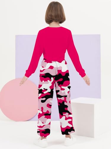 Image of SANGTREE Kids Girls Fashion 2 Piece Clothes Set, Crop Top Cargo Jogger Pants Outfit Hip Hop Dance, Rose red+Camouflage red Camouflage, 6-7Y = Tag 130