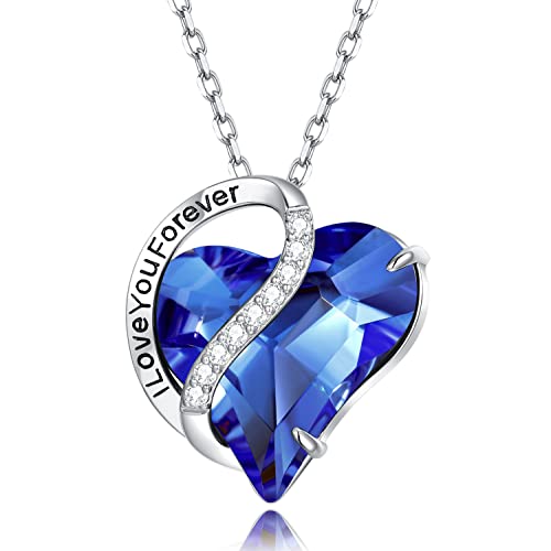AiliFe Infinity Love Heart Pendant Necklaces for Women and Girls,14K White Gold Plated Hypoallergenic Pendant Necklaces with Mar Birthstone Blue Crystals Jewelry Birthday Gift (Blue)