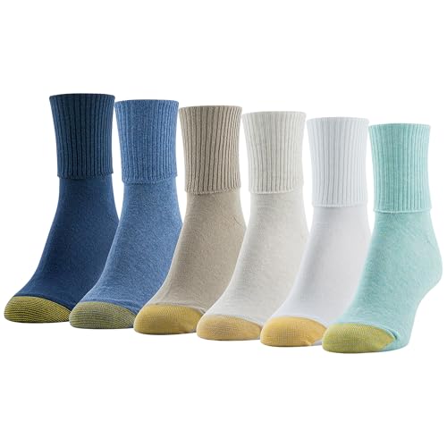 GOLDTOE Women's Classic Turn Cuff Socks, Multipairs, Sea Glass Assorted (6-Pairs), Shoe Size: 6-9