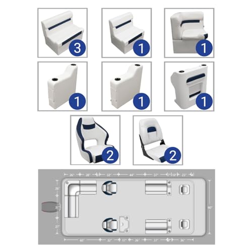 Wise DLX 18'-22' Rear L Fishing Pontoon Furniture Set – Marine-Grade Vinyl Boat Seating Kit – Built-In Storage (Brite White/Mariner Blue)