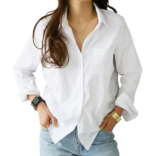 HSHSWA Blouses for Women UK Women's Shirts Long Sleeve Button-Down Casual Versatile White Regular Fit-White-XXL