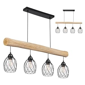 RLCLUTW Vintage Pendelleuchte Holz 4-flammig E27 Balkenlampe im Industrial Design, Retro Hängelampe höhenverstellbar für Esszimmer Küche Wohnzimmer Bar (Primary color, 82cm)