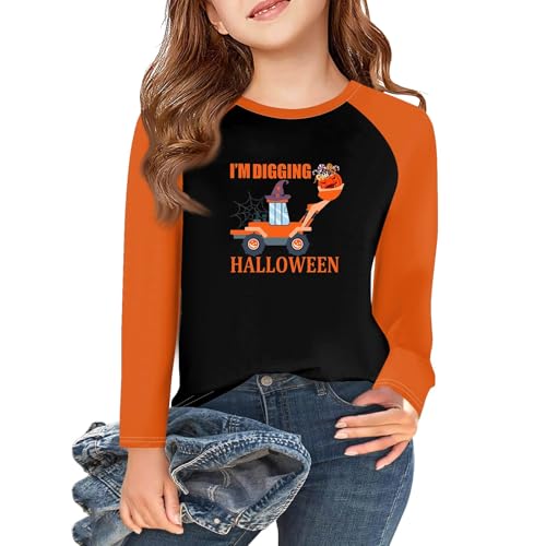 Girls Halloween Skeleton Print Long Sleeve Raglan T-Shirt Cute Graphic Fall Top for Kids Soft Casual Tee