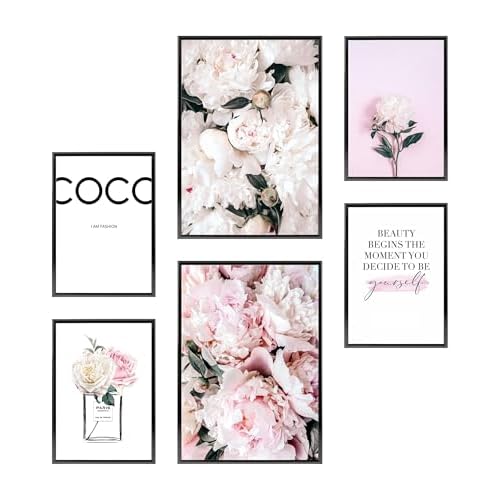 Heimlich® Premium Poster Set | Stilvolles Set mit passenden Bilder als Wohnzimmer Deko | 2 x DIN A3 & 4 x DIN A4 - ca. 30x42 & 21x30 | ohne Bilderrahmen » Pfingst-Rose Coco «