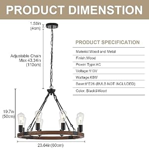 8 Lights 23.6'' Wooden Wagon Wheel Chandelier Farmhouse, Black Metal Ceiling Pendant Light Industrial Vintage Rustic Round Wood Chandeliers for Living Dining Room Kitchen Entryway Foyer 8 Lights 236 Wooden Wagon Wheel Chandelier Farmhouse Black Metal Ceiling Pendant Light Industrial Vintage Rustic Round Wood Chandeliers for Living Dining Room Kitchen Entryway Foyer