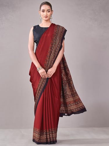 Image of Satrani Women's Crepe Printed Saree with Unstitched Blouse Piece