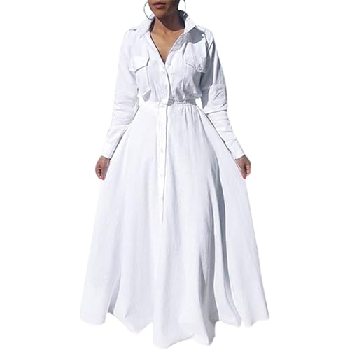 Women's Pleated Long Sleeve Party Cocktail Long Maxi Button Down White Shirt A-line Dress Plus Size Pockets Front