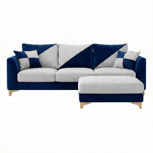 Image of Juliet Rich 4 Seater L Shape Sofa Set with Movable Ottomans | Flexible Layout | Velvet Suede Fabric | Golden Aesthetic Legs | Dual Tone Modern Sofa for Living Room (Dark Blue-Light Grey)