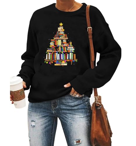 HAJIEXY Women Christmas Books Tree Sweatshirt Cute Books Graphic Long Sleeve Holiday Shirts Casual O-Neck Xmas Teachers Tops, Black, Medium