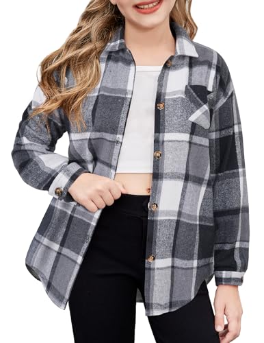Arshiner Girls Button Down Flannel Shirts Long Sleeve Plaid Shackets Fashion Casual Blouse Top Black 9-10 Years